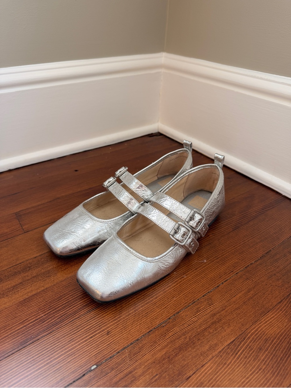 Silver Dolce Vita Mary Jane Flats with Double Buckle Strap